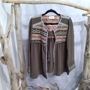 Boho Embroidered Olive Peasant Blouse